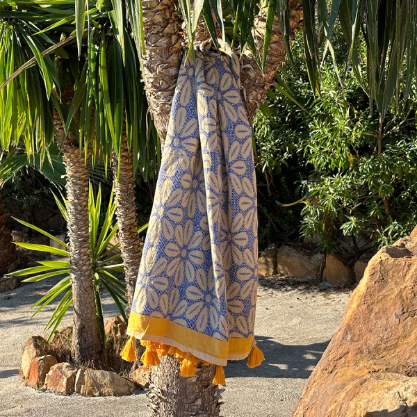 Hamamdoek saunadoek Daisy Yellow - Dark Blue
